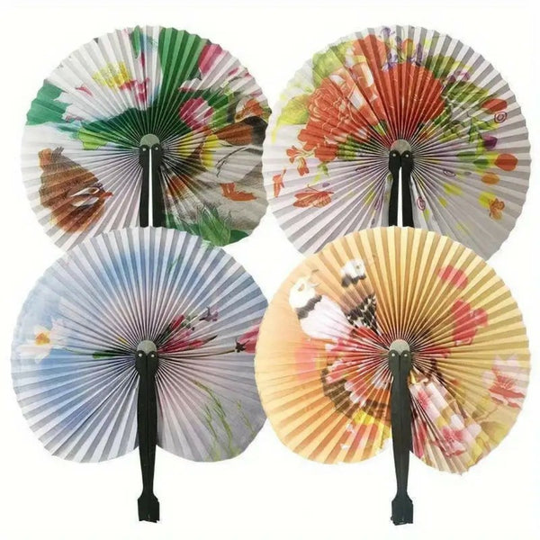 20pcs Foldable Paper Fan Retro Windmill Small Round Paper Style Gift Printed Fan Fan Color Hand Party Random Chinese Decoration
