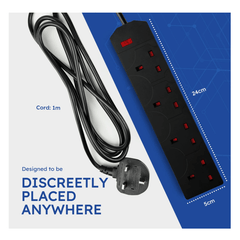 DESIRETECH Black Electric Extension Lead - 4 Gang with UK Plug & 3 Pin Socket - Wall Mountable & Multi Socket Mains Strip for Home, Bedroom, Kitchen, & Office (1 Pack)