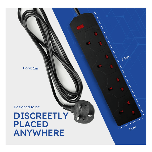 DESIRETECH Black Electric Extension Lead - 4 Gang with UK Plug & 3 Pin Socket - Wall Mountable & Multi Socket Mains Strip for Home, Bedroom, Kitchen, & Office (1 Pack)