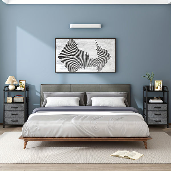 Modern Black Fabric Drawer Nightstand with Open Shelves - Engineered Wood & Metal Frame, 3 Drawers & Open Shelf, Compact 68.58cm Height, 3, 2 Cu Ft Storage, Easy Assembly for Bedroom, Living Room, Dorm, Office, Bedroom Storage, Contemporary Design, Sturdy