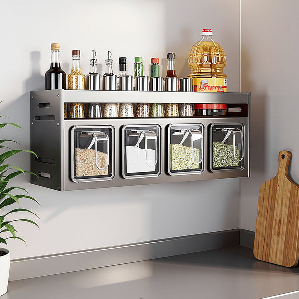 Double Layer Aluminum Spice Rack Condiment Rack, Wall-Mounted No-Drill Kitchen Organizer with 4-Drawer Spice Jars, Condiment Holder Set, Grey