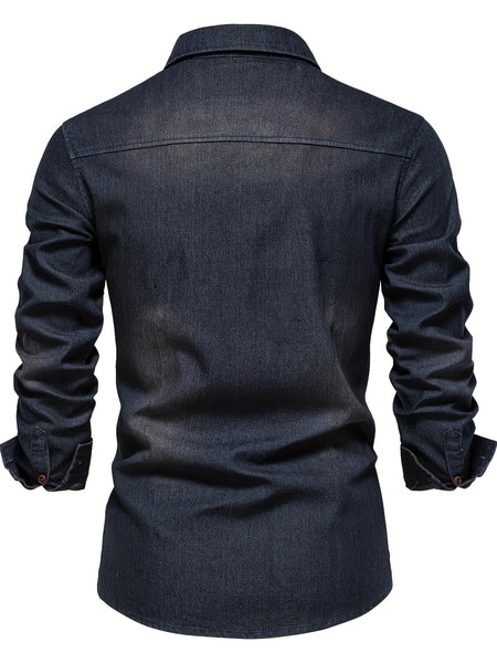 New Men'S Denim Shirt, Casual Solid Color Men'S Long Sleeve Dress Shirt