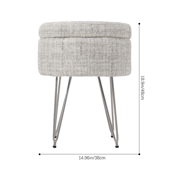 1pc Round Footrest Stool Ottoman with Storage, Makeup Vanity Chair Stool Side Table, Dressing Table Stool with Metal Legs, Couch Stool Portable Space-saving Lounge Chair for Living Room Bedroom Office Kitchen, 38x38x48cm (White)