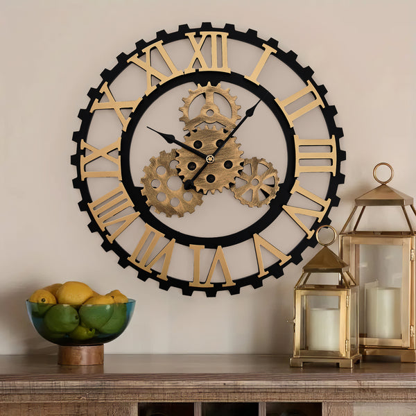 50cm European Vintage Gear Wall Clock with Large Roman Numerals, Outdoor Garden Wall Clock, Industrial Style Giant Open Face Skeleton Clock, Silent Non-Ticking Quartz Clock, Living Room Bedroom Office Kitchen Patio Bar Farmhouse Clock, Christmas & Hallowe