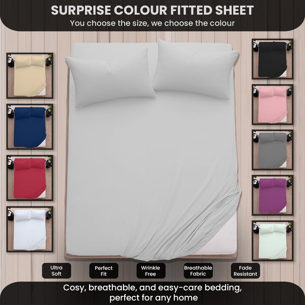 Surprise Colour Fitted Sheet OR Pillowcases | Ultra Soft Wrinkle Free Breathable Bed Sheet With Secure Fit Elasticated Corners | Fade Resistant & Easy Care | Random Colour Sent for Added Fun | LOCAL WAREHOUSE | UK BRAND