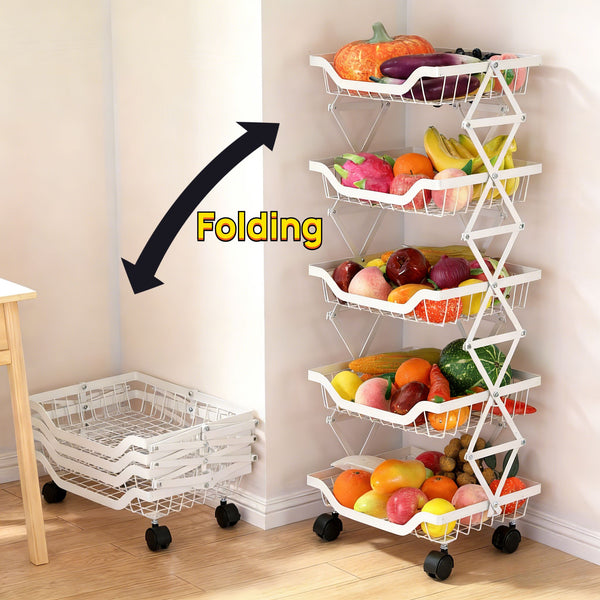Foldable Kitchen Organizer Cart with 360° Rotating & Multi-Tier Shelves, Large Capacity Metal Vegetable Cart & Organiser - Portable, Space-Saving Storage for Pantry, Utility Room & Kitchen