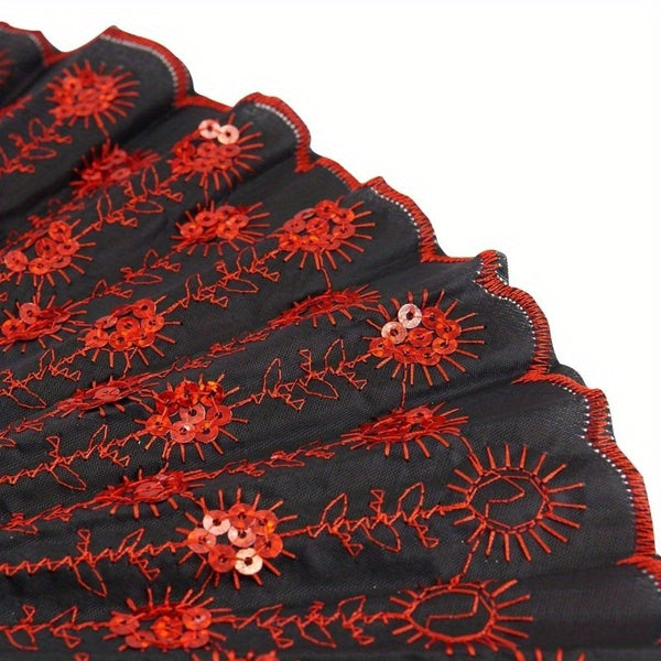 1/ 2pcs Vintage Embroidered Sequins Hand Fan Folding Handheld Fan, for Wedding Party Dance Group Events