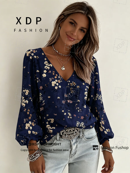 2D Flat Print Retro Western Style Shirt| V-neck Women's Long-sleeved Top with Colorful Small Floral Print, Bohemian Style Lantern Sleeve Design, Machine Washable, Suitable for Casual Attire and Vacations, 2D Flat