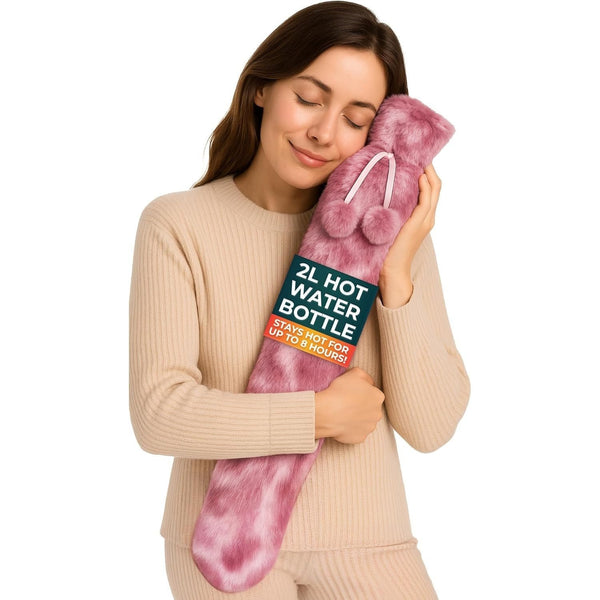 Long Hot Water Bottle for Back Ache and Pain Relief - 2L Soft Grey Plush Covered Hot Water Bottle - Luxury, Washable and Reusable Hot Water Bag