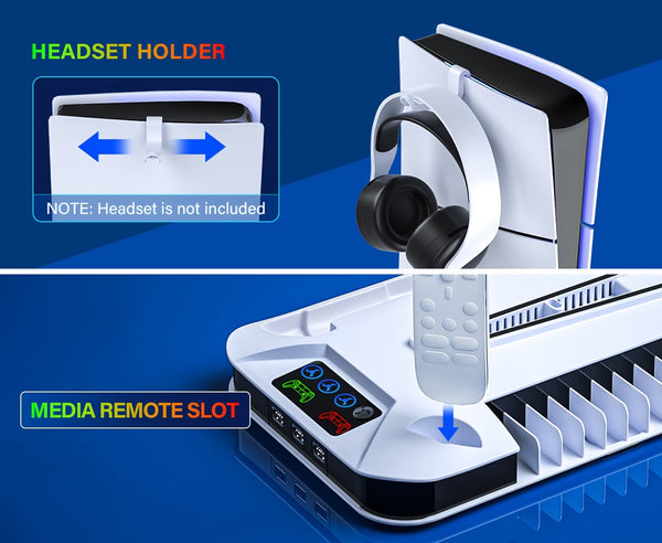 For Ps5/Slim/Pro Cooling Station Stand with Dual Controller Charging Station for Playstation 5 Console, for PS5 Additions Incl. Controller Charger, Cooling Fan, Headset Holder, 3 USB Hub