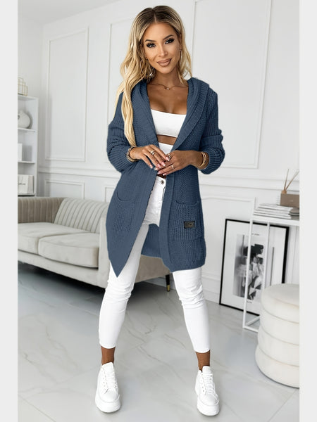 New Women's Autumn/Winter Solid Color Long Sleeve Mid-Length Hooded Pocket Simple Casual Fashion Versatile Daily Wear Sweater Cardigan Jacket