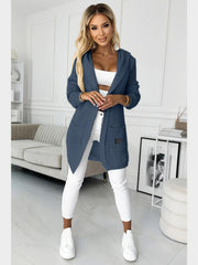 New Women's Autumn/Winter Solid Color Long Sleeve Mid-Length Hooded Pocket Simple Casual Fashion Versatile Daily Wear Sweater Cardigan Jacket