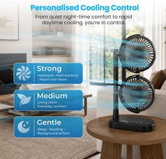 Schallen Desk Fan Double Head Fan with USB-C Power | Portable Dual Head Cooling Fan with 2 Adjustable Speeds | Table Desk Fan for Home, Office, Bedroom | Available in Black or White
