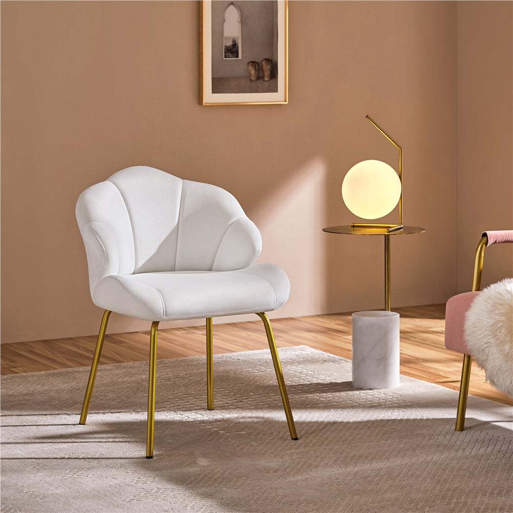 Costoffs Velvet Accent Chair Modern Side Chair Vanity Chair Leisure Chair with Shell-shaped Backrest and Golden Metal Legs, Versatile Use Lounge Chair for Living Room/Bedroom/Home Office/Kitchen, White/Pink