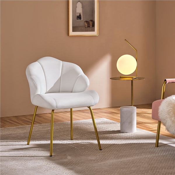 Costoffs Velvet Accent Chair Modern Side Chair Vanity Chair Leisure Chair with Shell-shaped Backrest and Golden Metal Legs, Versatile Use Lounge Chair for Living Room/Bedroom/Home Office/Kitchen, White/Pink