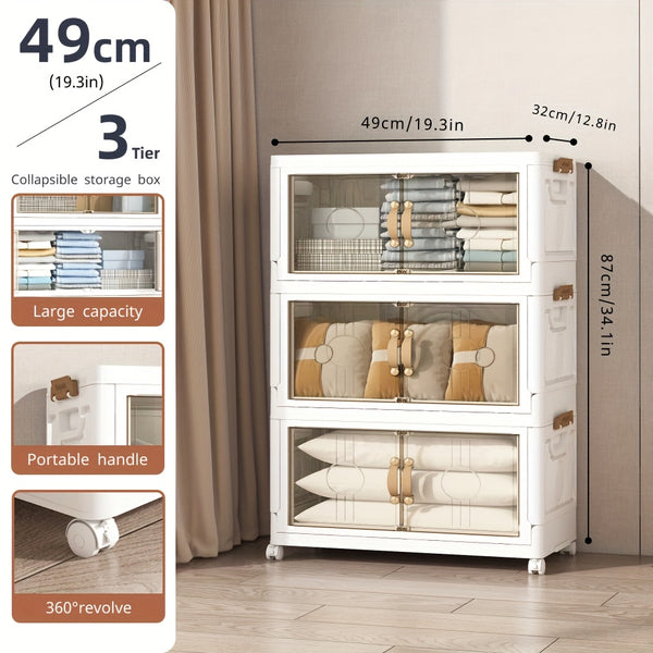 Large Foldable & Stackable Storage Cabinet with Wheels - Heavy-Duty Suitable for, Office, Dorm System, 2/3/4/5-Tier Plastic Shelving Unit with Lids, Space-Saving Foldable for Wardrobe, Bathroom, Freestanding Use