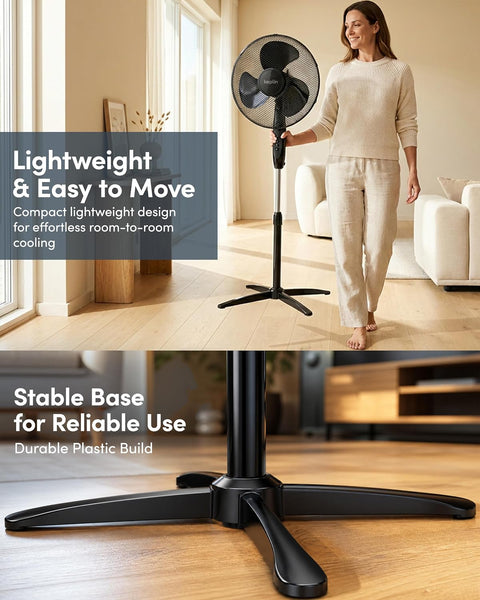 Keplin 16 Inch Stand Fan Adjustable Pedestal Cooling Fan with 3 Speed Settings Tilt Head Quiet AC Motor Energy Efficient 45W Stable Base for Home Bedroom Office Air Circulation Cooling Solution, Black