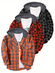 3pcs Men's New York Fashion Trendy Plaid Shirt Hooded Plaid Sweatshirt Flannel Hoodie