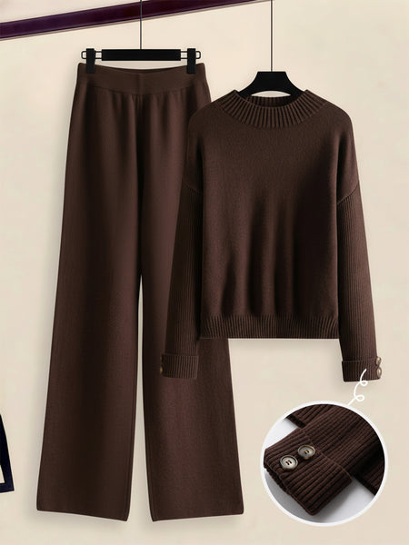 Women's 2pcs Set with Side Stripe| Crewneck Sweater & Relaxed Fit Straight Leg Pants| Soft Loungewear for Spring Autumn | European Casual Y Style