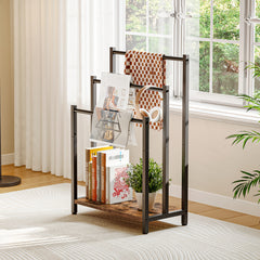 Blanket Rack, Wardrobe Quilt Rack, Freestanding Towel Holder for Bathroom, Drying Stand with 3 Towel Rails And Storage Shelf, Metal, for Bath And Hand Towels, Rustic Brown And Black