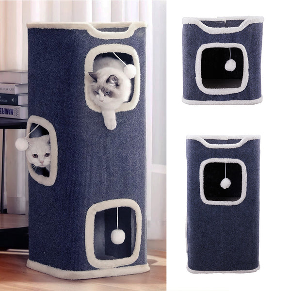 Large Cat Bed Cat House Cave & Tower Foldable Indoor 1/2/3 Layer with Hanging Toy Ball for Small Medium Pets, Large Cats Cube Bed Cave with Hideaway Condos