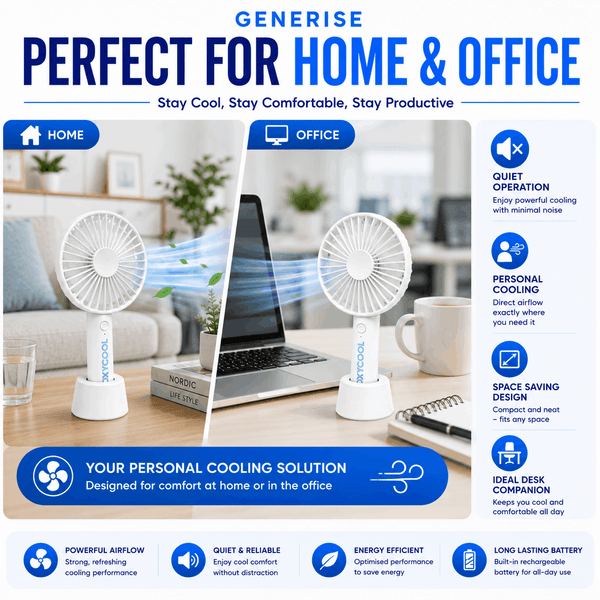 UK LOCAL SELLER - 3 Speed Rechargeable Portable Handheld Fan 21cm – USB Charging Mini Cooling Fan with Built-in Battery, Lightweight 165g, 2-in-1 Handheld & Desk Use with Stand for Home, Office, Travel & Outdoor Use | Sent and Fulfilled from UK Warehouse