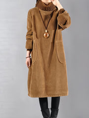 Women'S Elegant Corduroy Dress - Long Sleeve Turtleneck Loose Fit Winter Warm Dress with Pockets, Solid Color (Navy/) - Cozy Fall/Winter