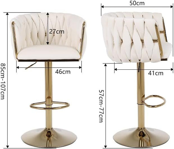 Set of 2 x Velvet Woven Upholstered Adjustable High Swivel Breakfast Bar Pub Home Stool Chair With Gold Metal base & Gas Lift (Cream/Gold)