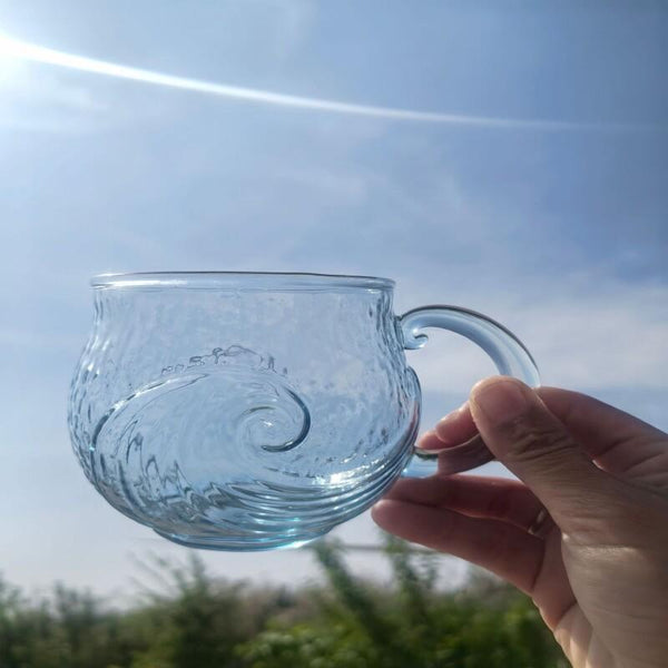 Sea Glass Wave Coffee Mug, 12oz Ocean Wave Glass Mug with Handle, Frosted Captivating Artistic Beach Theme Coffee Cups Gift for Ocean Lovers, Drinking Coffee, Tea, Wine, Cocktails