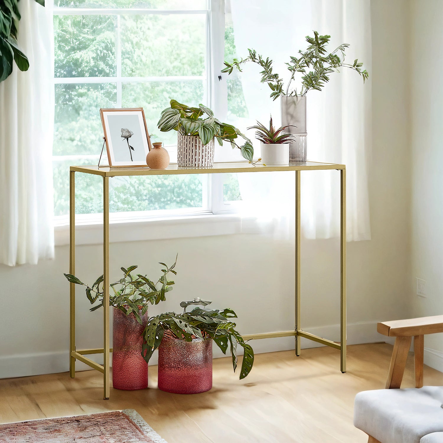 Modern Minimalist Console Table with Golden Frame & Tempered Glass Tabletop - Base Suitable for Living Room, Hallway Sofa Table, Assembly, Space-Saving, Transparent Table for Narrow Spaces, Entryway Furniture