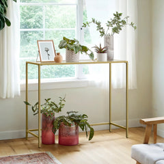 Modern Minimalist Console Table with Golden Frame & Tempered Glass Tabletop - Base Suitable for Living Room, Hallway Sofa Table, Assembly, Space-Saving, Transparent Table for Narrow Spaces, Entryway Furniture