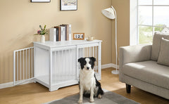 Dog Crate Furniture, 100.08cm Double Door Dog Crate with Barn Door, Dog Kennel Indoor, End Side Table Wooden Dog Crate for Small Medium Large Dog, Anti-Chew Anti-Escape, Greige, White
