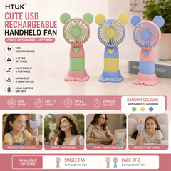 Cute USB Rechargeable Handheld Fan with Stand – Portable Mini Desk Cooling Fan 3 Speed Levels – Random Colour - 1pc INCLUDED