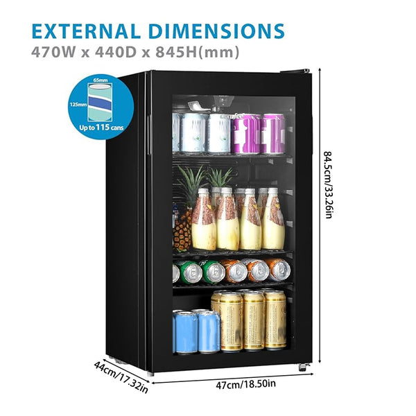 Midea COMFEE' Under Counter Drinks Fridge - 93L Capacity, Holds Up To 115 Cans, Precision Cooling (2℃ To 15℃), Full-Length Low-E Glass Door, Removable Shelves, LED Light, Low Noise [Energy Class E] - Essential for Home Kitchens & Dorms