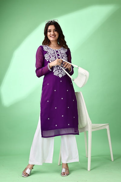 Estationeryhouse Women's Georgette Lucknowi chikankari kurti, Rose Design with Heavy Embroidery, Without Bottom