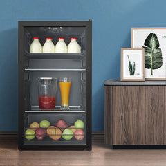 Midea COMFEE' Under Counter Drinks Fridge - 93L Capacity, Holds Up To 115 Cans, Precision Cooling (2℃ To 15℃), Full-Length Low-E Glass Door, Removable Shelves, LED Light, Low Noise [Energy Class E] - Essential for Home Kitchens & Dorms