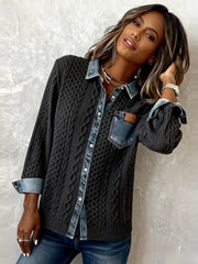 Women's Patchwork Denim Shirt Autumn/Winter Fashion Long-Sleeved Cardigan Versatile 2pcs Style Denim Collar Top Casual Vintage Aesthetic Ideal for Autumn/Winter Commuting, Office Wear, Casual Outings, and Layering