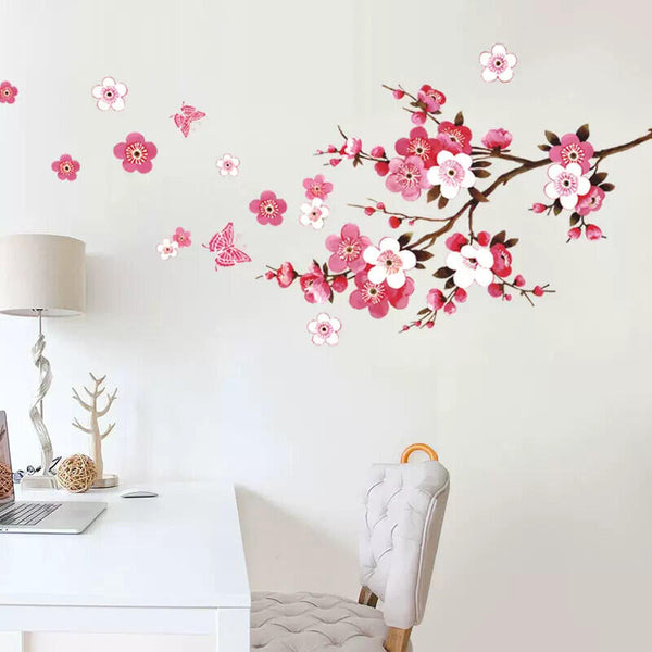 2PCS Pink Blossom Tree Flower Wall Stickers Vinyl Art Decals Glossy Polyvinyl Wall Sticker for Bedroom, Living Room, Bathroom Decor