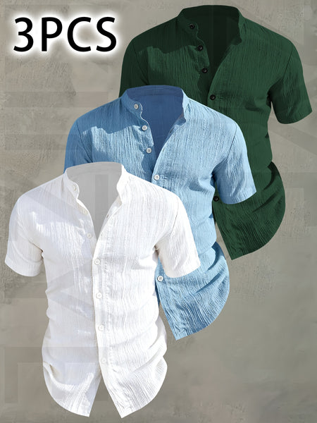[Pearson OBM] 3pcs Men'S Summer Short Sleeve Shirt - Lightweight Breathable Solid Color Button-Up Casual Shirt with Stand Collar, Machine Washable for Beach Vacation, Pool Party And Casual Attire, Beach Shirt, Perfect for Gifting