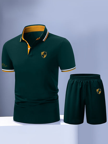 Men'S Polo Shirt Fashion Casual Set Pique Mesh Letter Pattern Top And Bottom