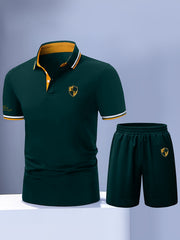 Men'S Polo Shirt Fashion Casual Set Pique Mesh Letter Pattern Top And Bottom