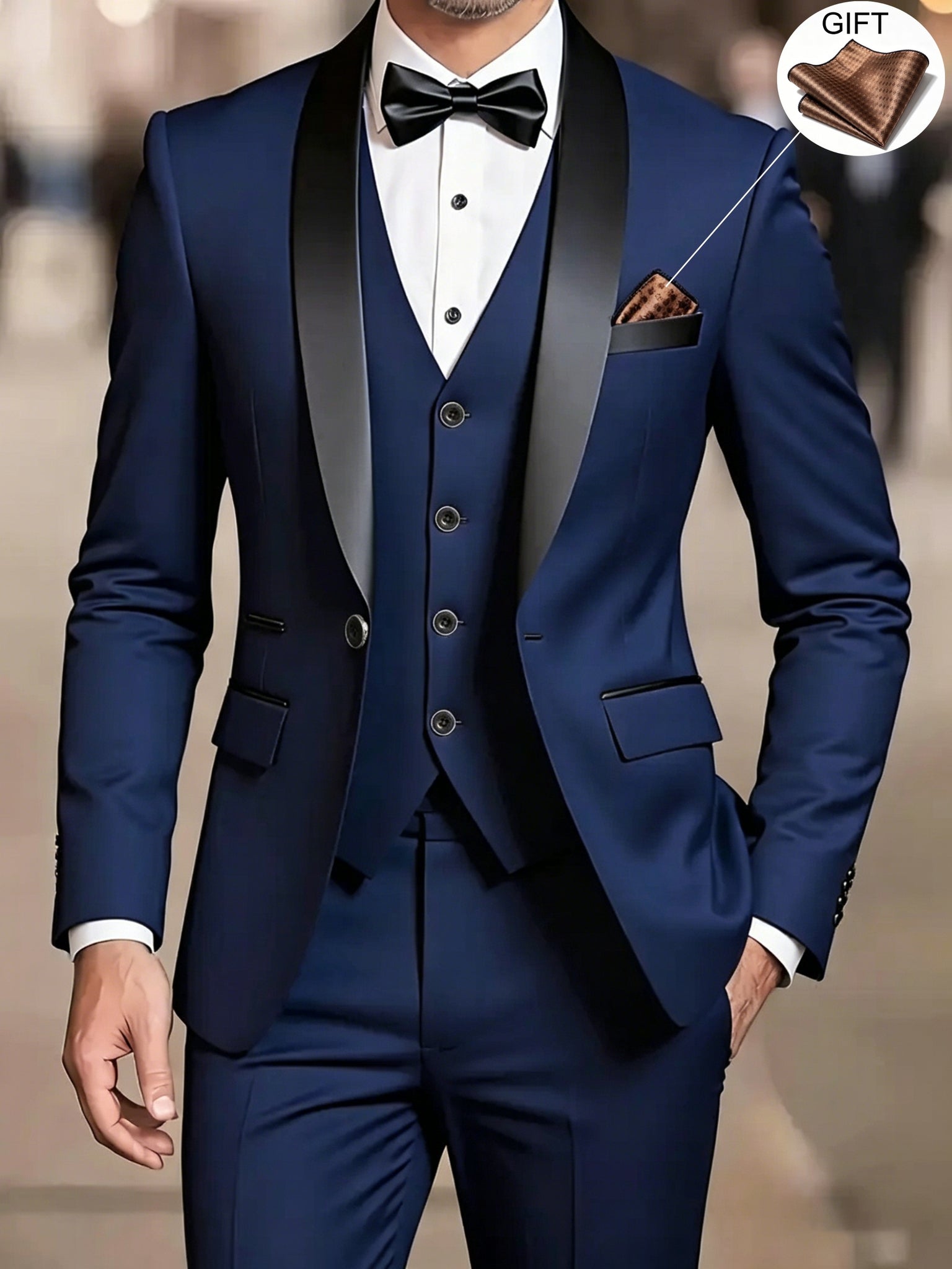 Men'S Suit Set, 3pcs Blazer, Vest And Trousers, Groomsman Business, Fashionable Elegant, Premium Men, Suitable for Wedding, Business, Party (With Pocket Square)
