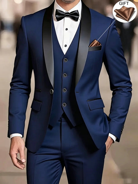 Men'S Suit Set, 3pcs Blazer, Vest And Trousers, Groomsman Business, Fashionable Elegant, Premium Men, Suitable for Wedding, Business, Party (With Pocket Square)