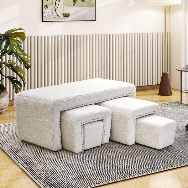 Boucle Fabric Bed End Stool 5-piece Set, Leisure Changing Shoes Stool, 5 Combination Stools, Sofa Footrest, Soft and Comfortable Bedside Bench, Suitable for Living Room Bedroom Rest Room