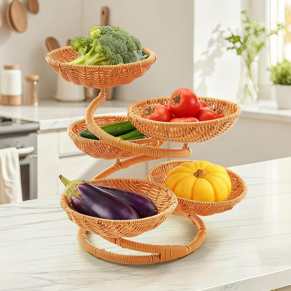 Multi-Layer Fruit Basket Stand, Creative Snack & Bread Storage Tray, Faux Rattan Handwoven Serving Basket for Fruits, Vegetables & Desserts, Lightweight Decorative Organizer for Kitchen & Living Room