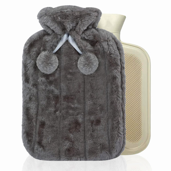 Hot Water Bottle, Large 2L Natural Rubber Hot Water Bottle, Soft Breathable Fabric, Winter Warmth for Men & Women with Warm Faux Fur Fleece Knitted Cover (Charcoal Grey)