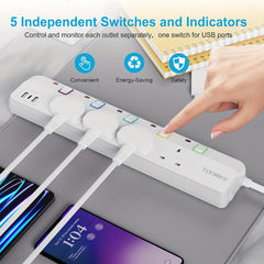 Toomke UK Plug Power Strip with 4 UK Sockets & 2 USB-A/1 USB-C Ports, 13A 3250W Heavy-Duty Extension Cord, Mountable Switched Outlet (1.5m) - Plug-in for /Office, PC, Appliances