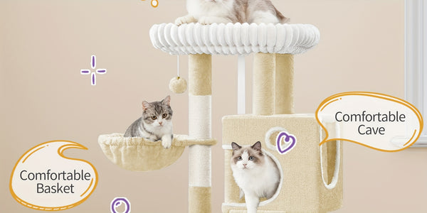 98cm Cat Tree, Cat Tower for Indoor Cats, Multi-Level Cats House Furniture with Scratching Post, 2 Caves, Large Platform, Scratching Ramp, Pompom, Light Grey