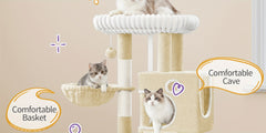 98cm Cat Tree, Cat Tower for Indoor Cats, Multi-Level Cats House Furniture with Scratching Post, 2 Caves, Large Platform, Scratching Ramp, Pompom, Light Grey
