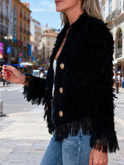 Women'S Elegant Fringed Cardigan Jacket Buttoned Neckline, Structured Silhouette with Fringed Hem Machine-Washable Autumn/Winter Outerwear Tailored Design